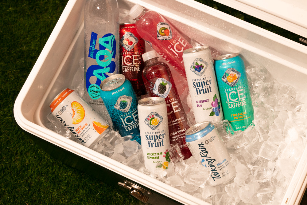 Cooler full of ice and Talking Rain Beverage Company products available for Foodservice.